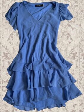 SOLD Ralph Lauren Blue Ruffle V-Neck Flutter Sleeve Tiered Mini Dress Size 4